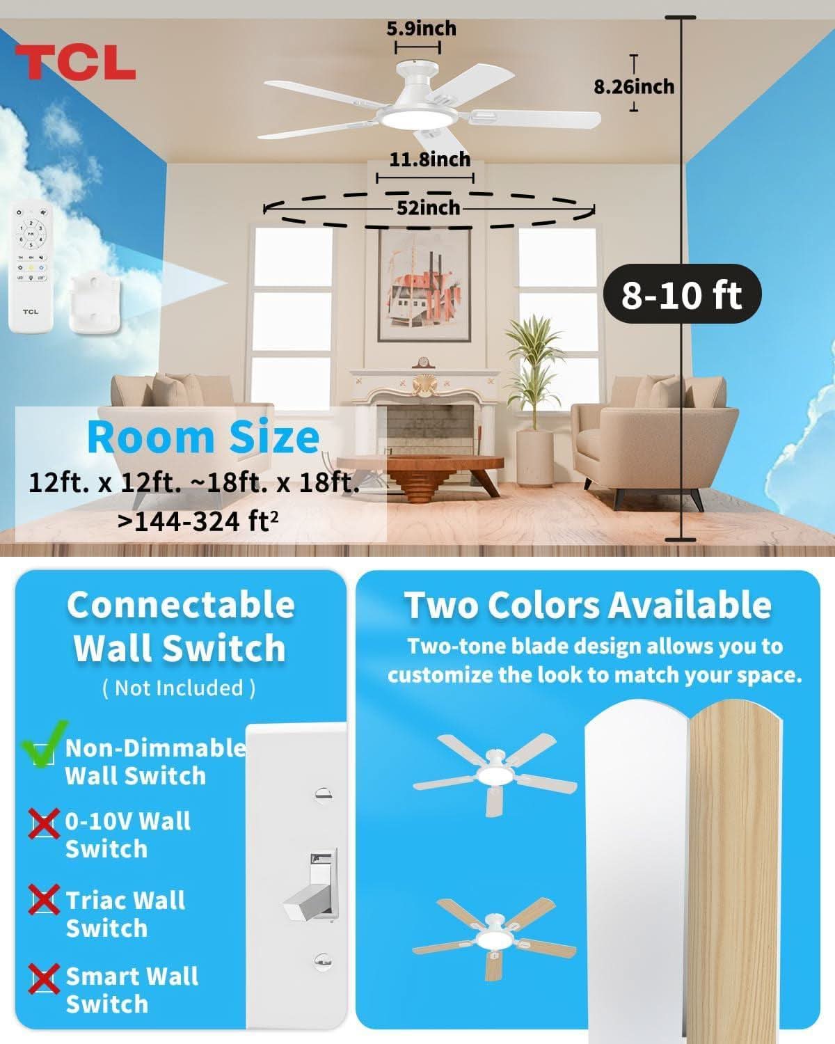 52 Inch White Flush Mount Ceiling Fan With LED Light