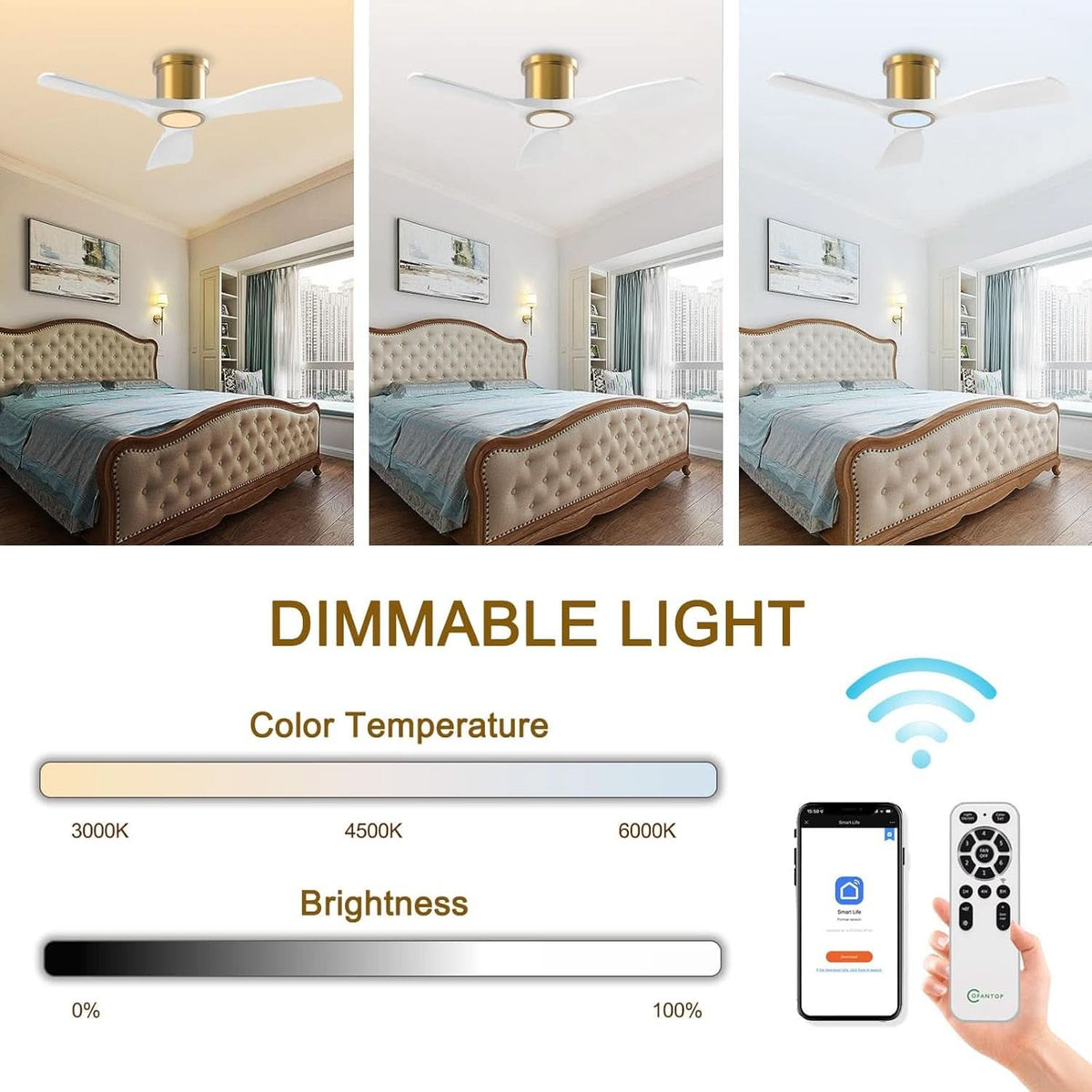 52-Inch White Gold Smart Ceiling Fan With Remote And LED