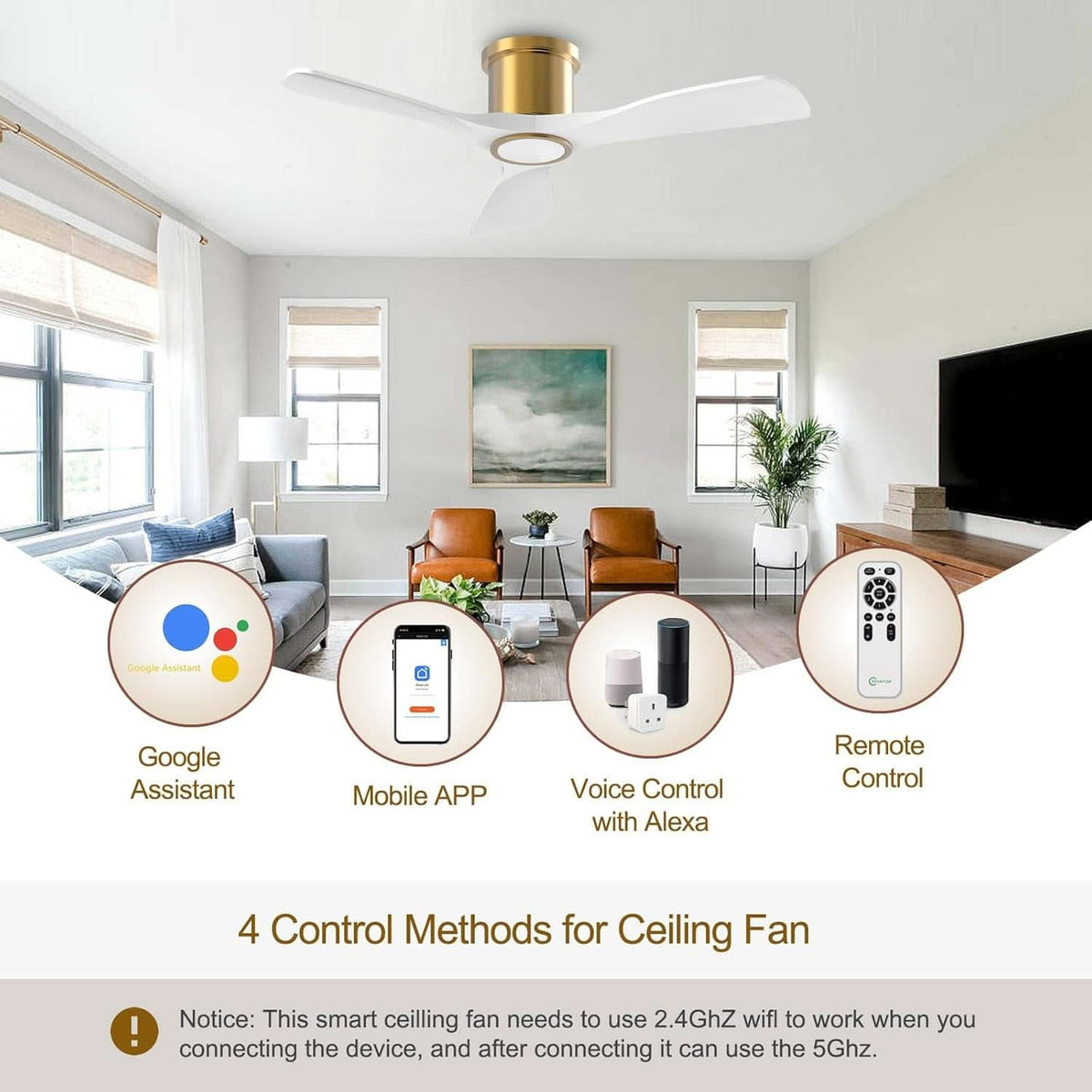 52-Inch White Gold Smart Ceiling Fan With Remote And LED