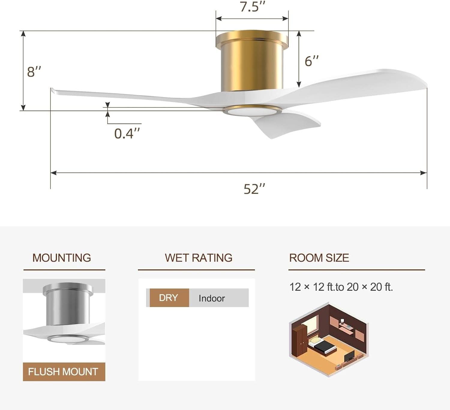 52-Inch White Gold Smart Ceiling Fan With Remote And LED