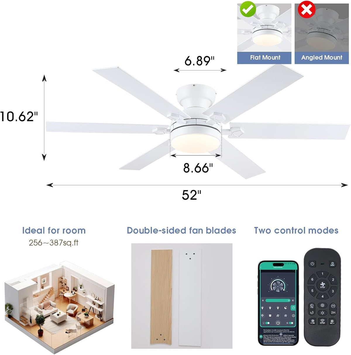52 Inch White Low Profile Ceiling Fan With Lights And Remote