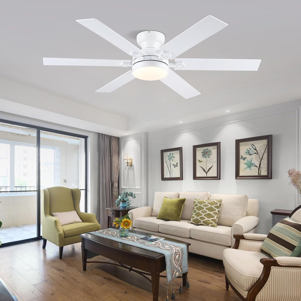52 Inch White Low Profile Ceiling Fan With Lights And Remote