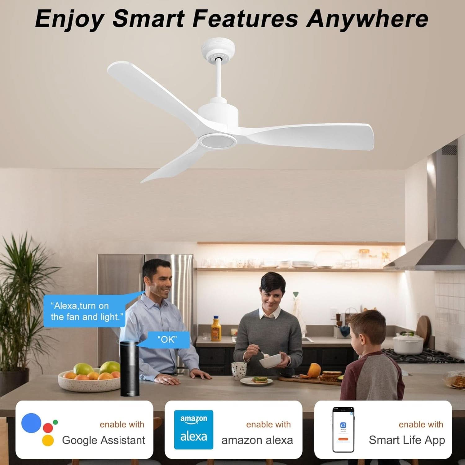 52 Inch White Smart Ceiling Fan With Lights And Remote