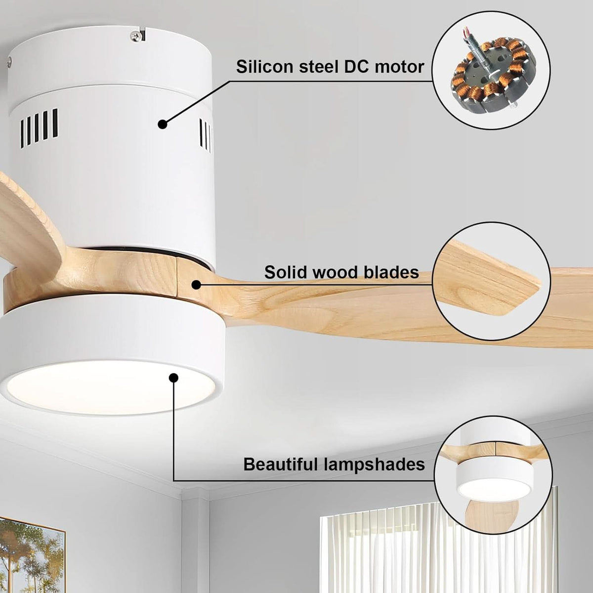 52 Inch White Wood Ceiling Fan With LED Light And Remote