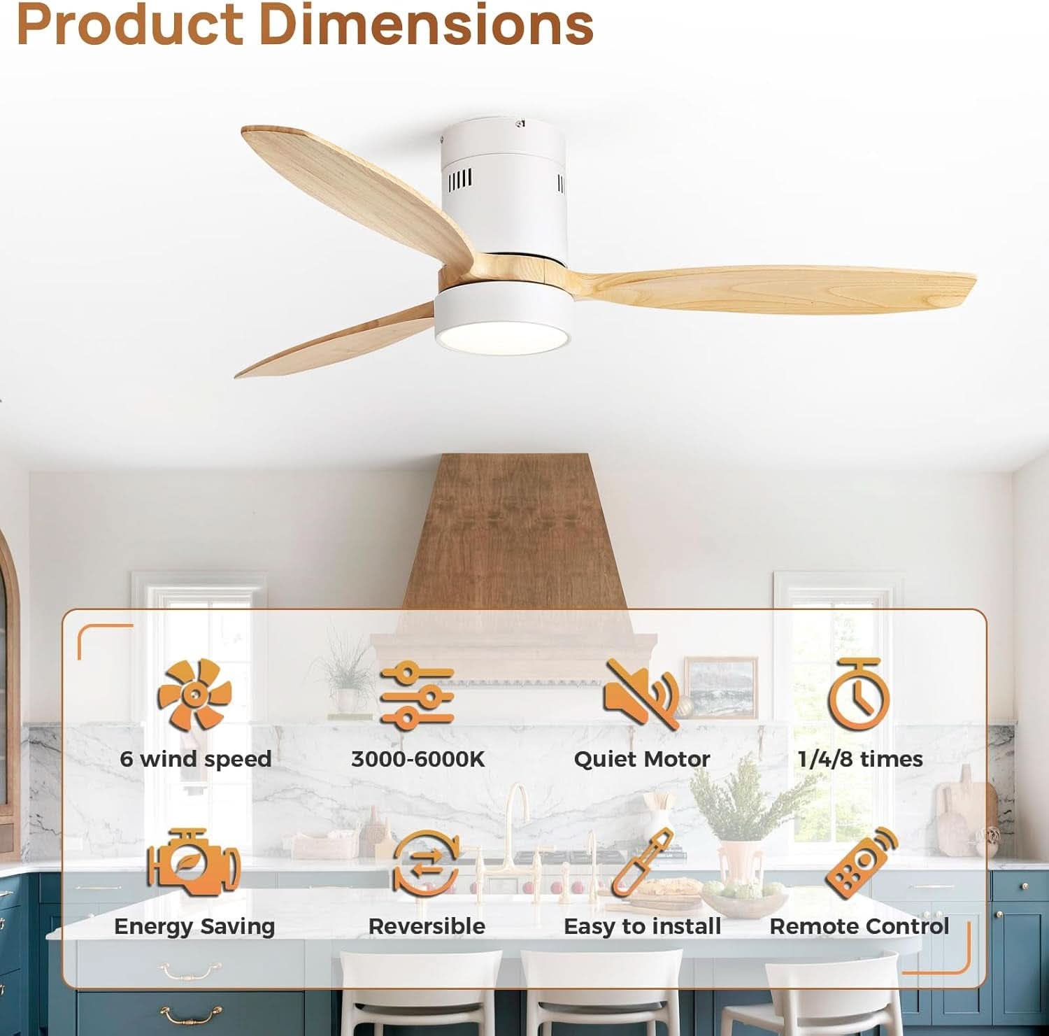 52 Inch White Wood Ceiling Fan With LED Light And Remote