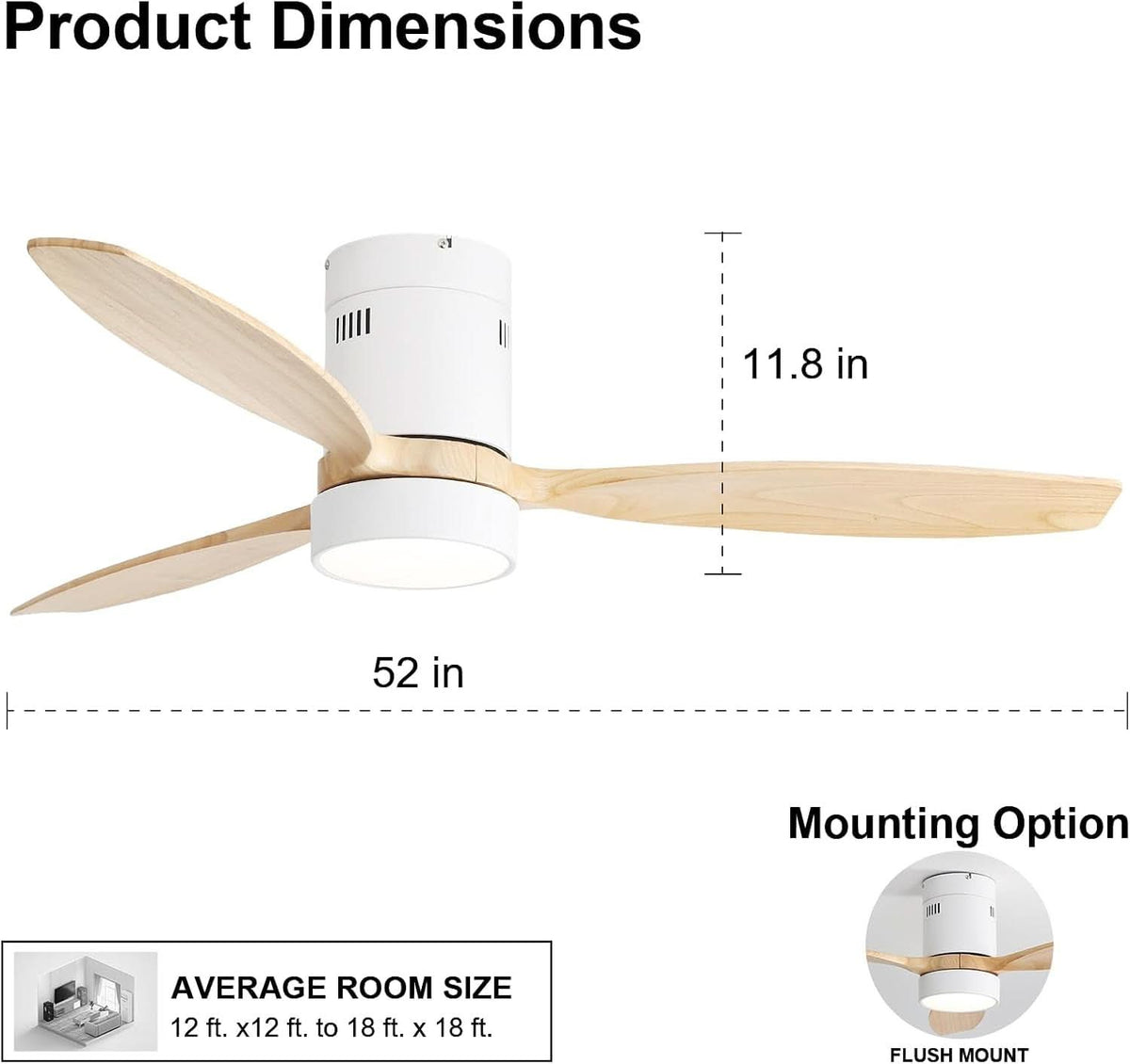 52 Inch White Wood Ceiling Fan With LED Light And Remote