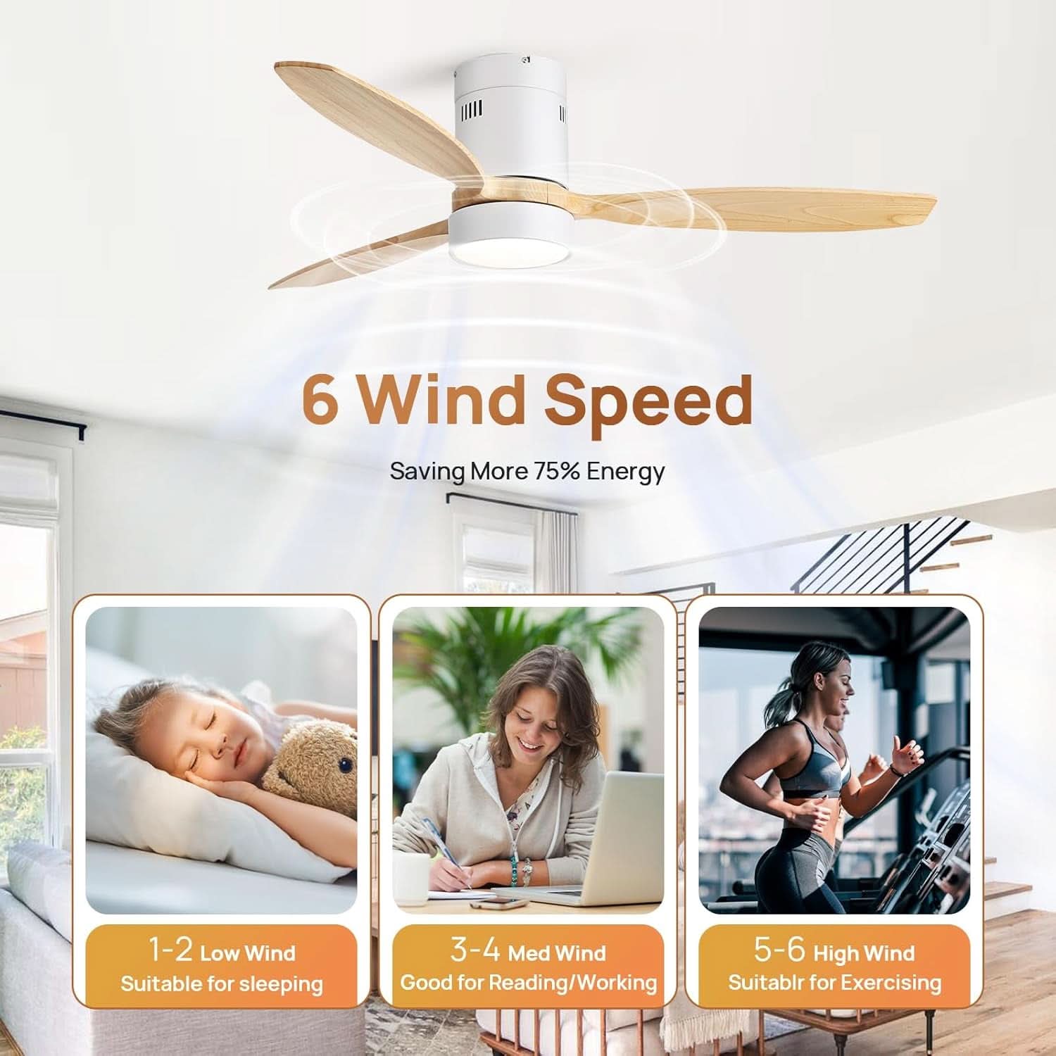 52 Inch White Wood Ceiling Fan With LED Light And Remote