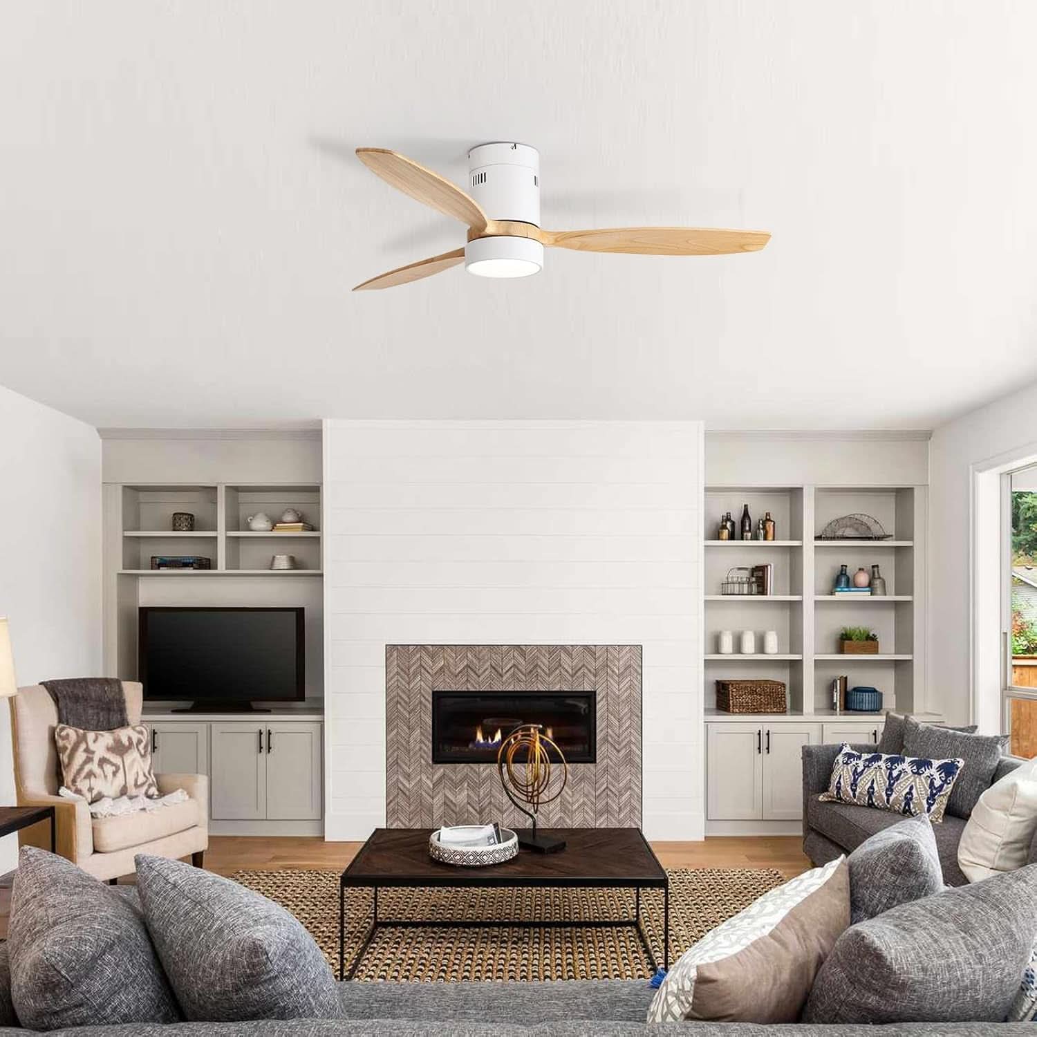52 Inch White Wood Ceiling Fan With LED Light And Remote