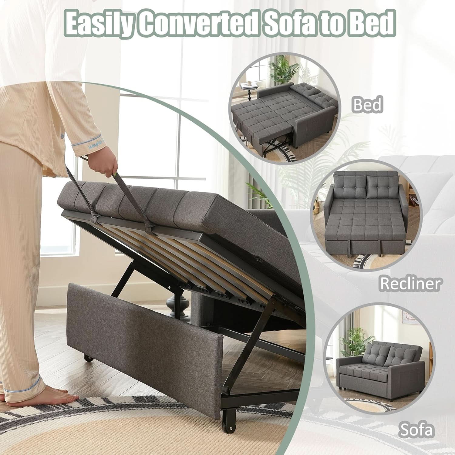 52Inch Sleeper Sofa With Pullout Bed Gray Fabric Upholstery