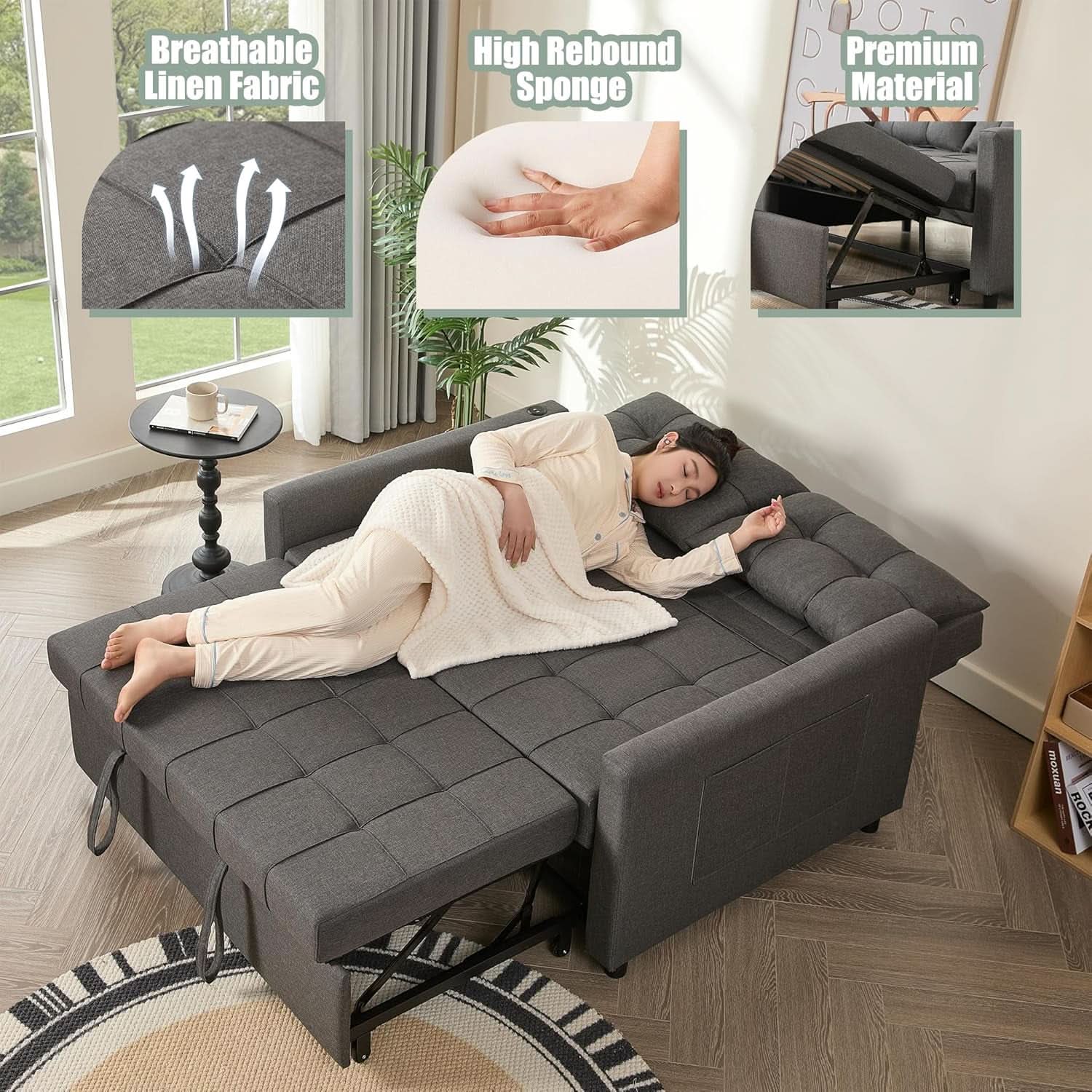 52Inch Sleeper Sofa With Pullout Bed Gray Fabric Upholstery