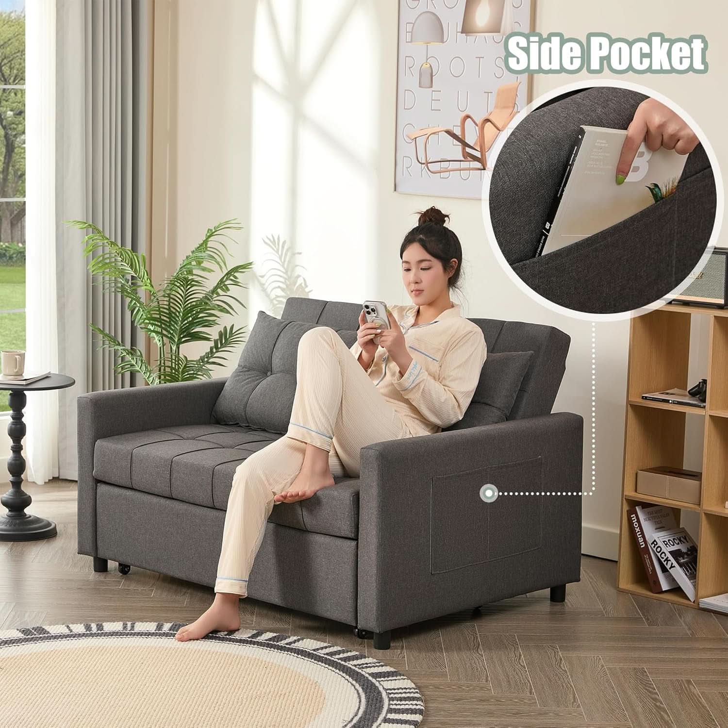 52Inch Sleeper Sofa With Pullout Bed Gray Fabric Upholstery