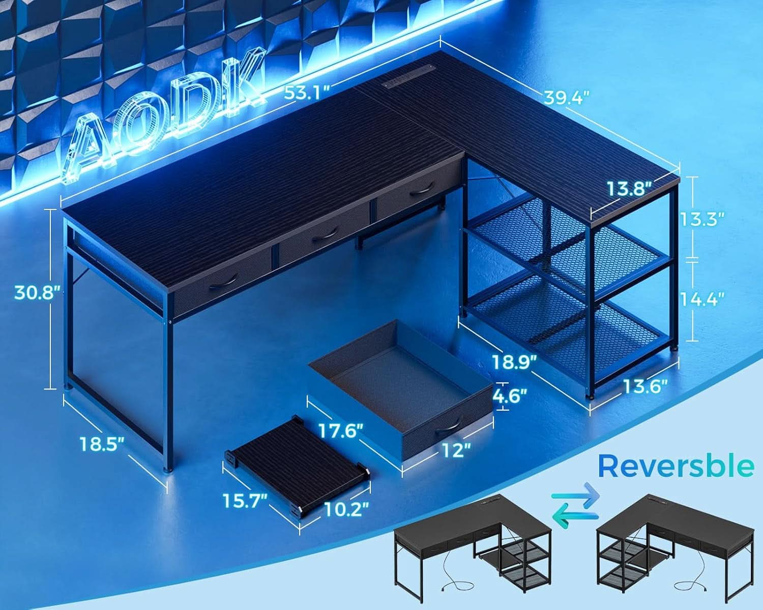 53-Inch L-Shaped Desk With Drawers And Power Outlets