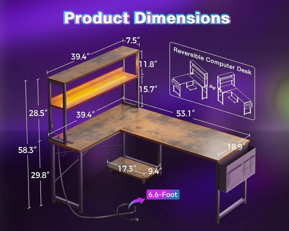 53 Inch L Shaped Desk With LED Lights And Power Outlet