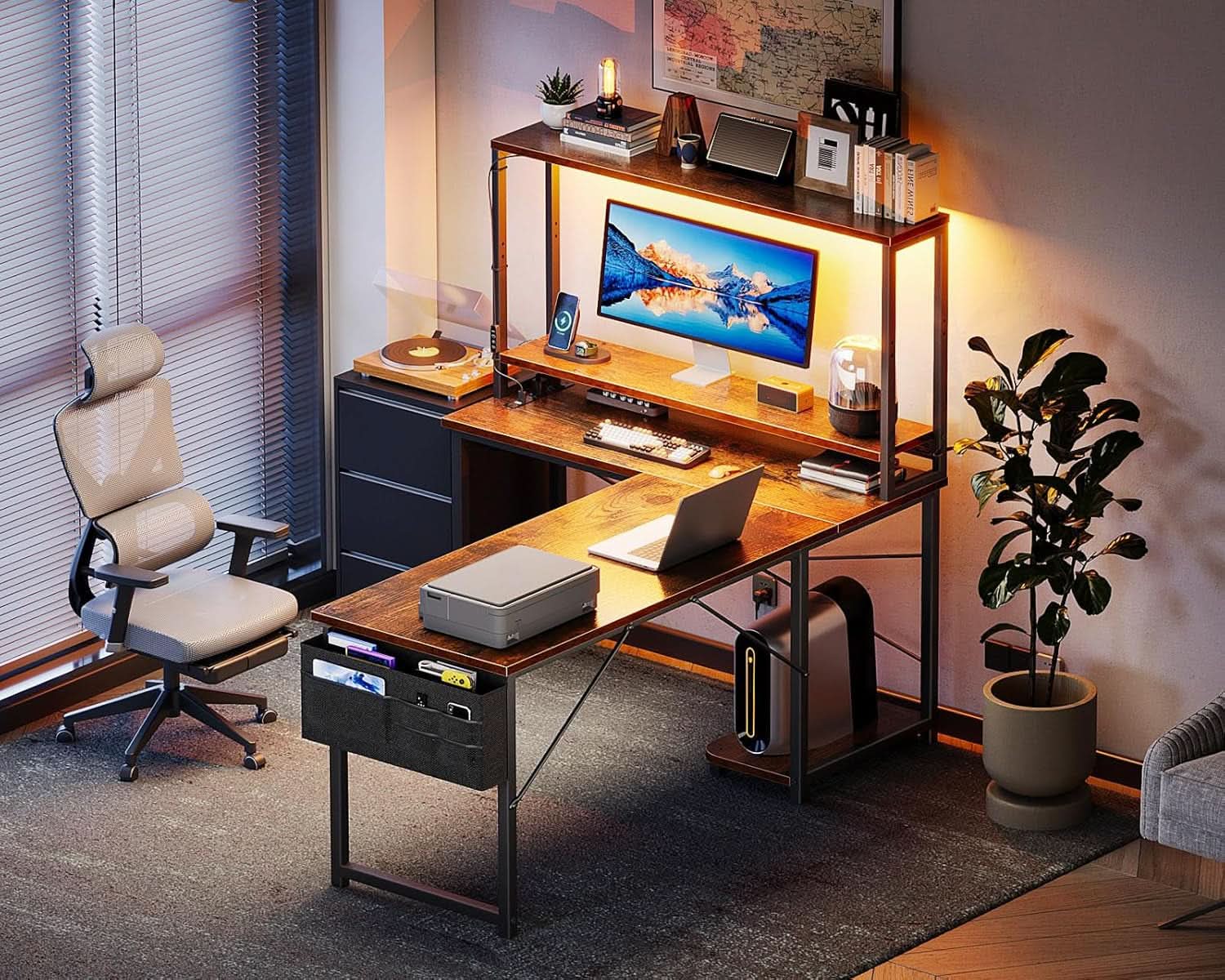 53 Inch L Shaped Desk With LED Lights And Power Outlet