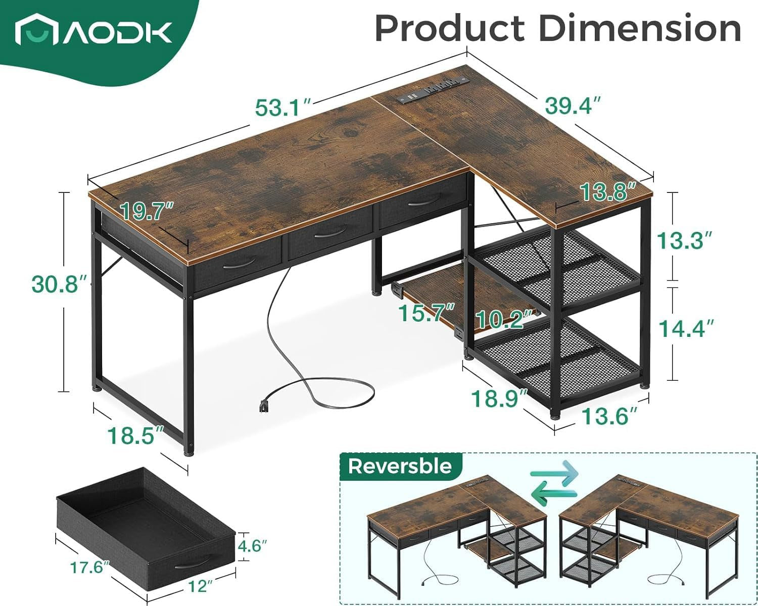 53 Inch L Shaped Desk With Power Outlets And Movable CPU Stand