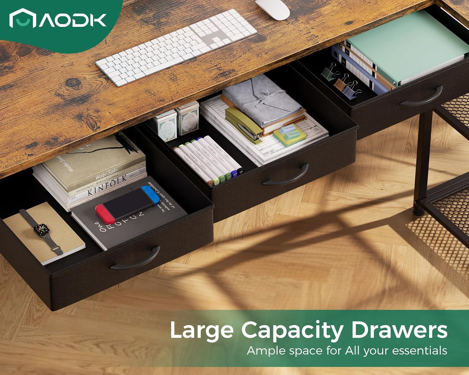 53 Inch L Shaped Desk With Power Outlets And Movable CPU Stand
