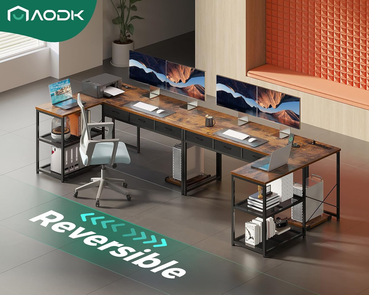 53 Inch L Shaped Desk With Power Outlets And Movable CPU Stand