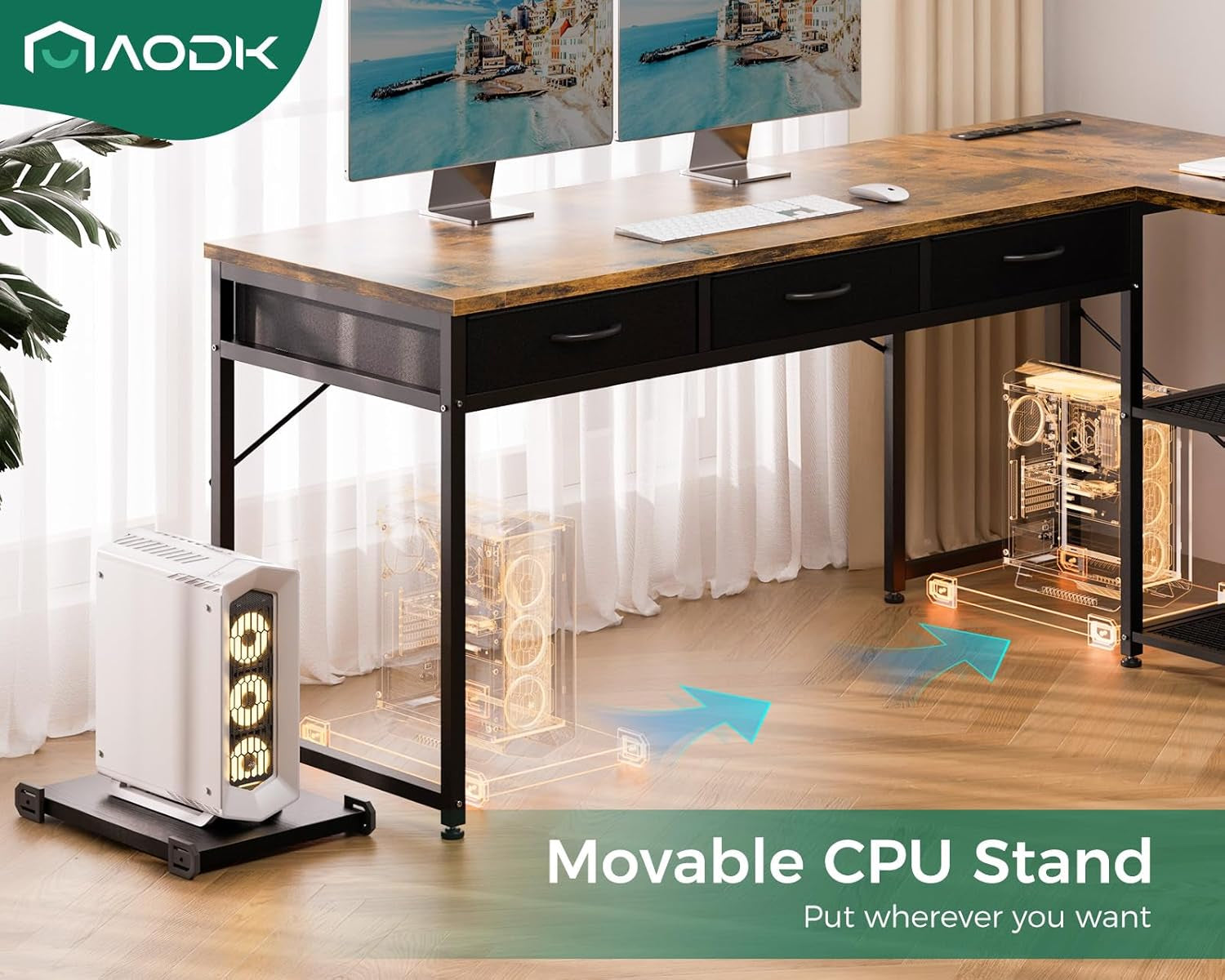 53 Inch L Shaped Desk With Power Outlets And Movable CPU Stand