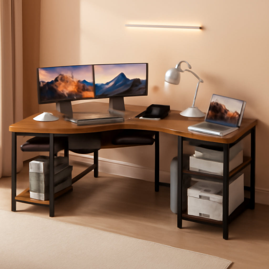 53 Inch L Shaped Desk With Power Outlets And Movable CPU Stand
