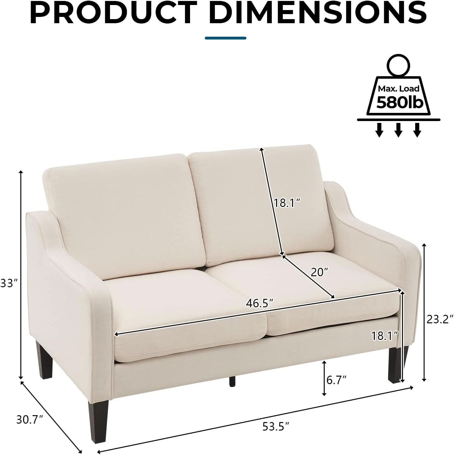 53 Inch Light Grey Mid Century Modern Loveseat Scooped Arms