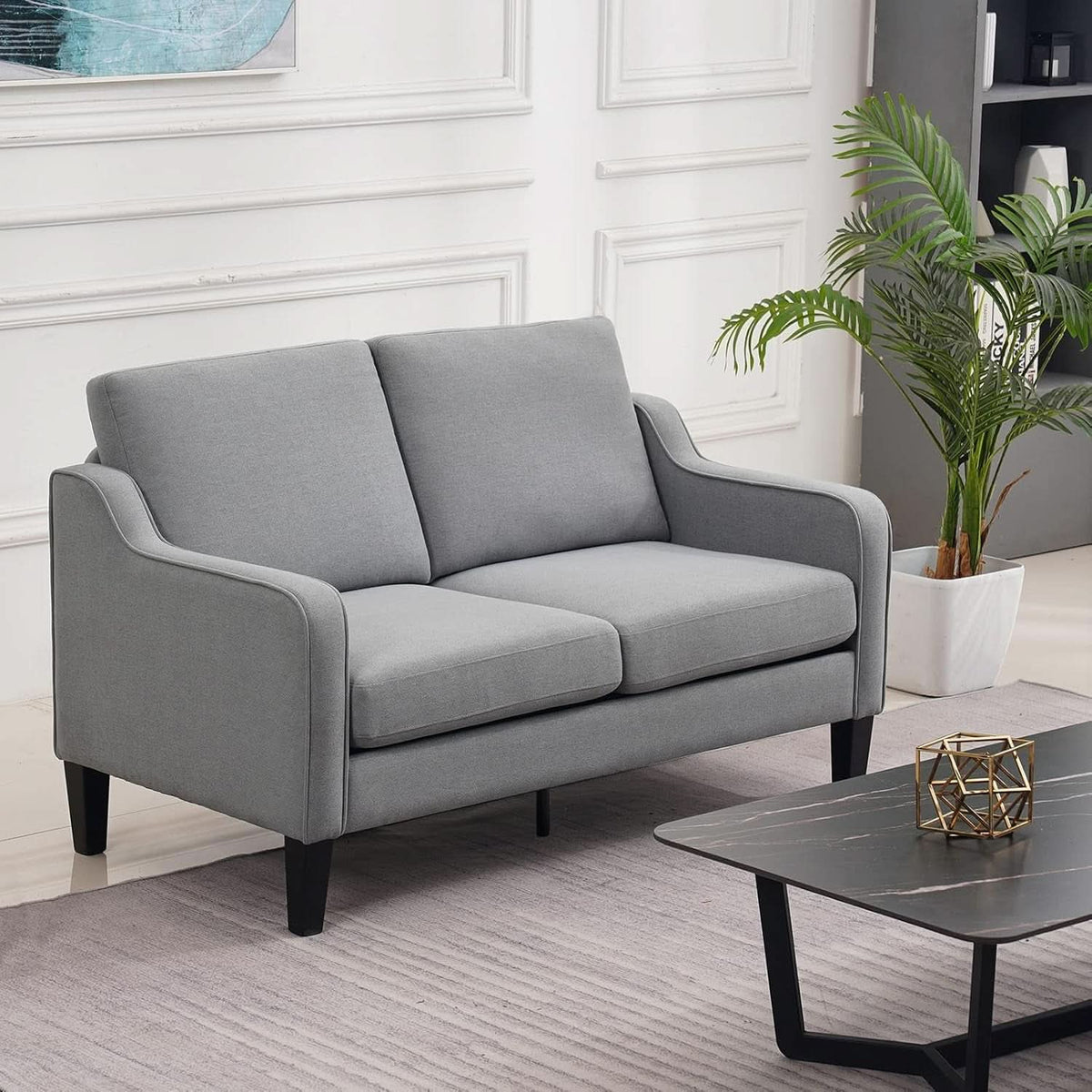 53 Inch Light Grey Mid Century Modern Loveseat Scooped Arms