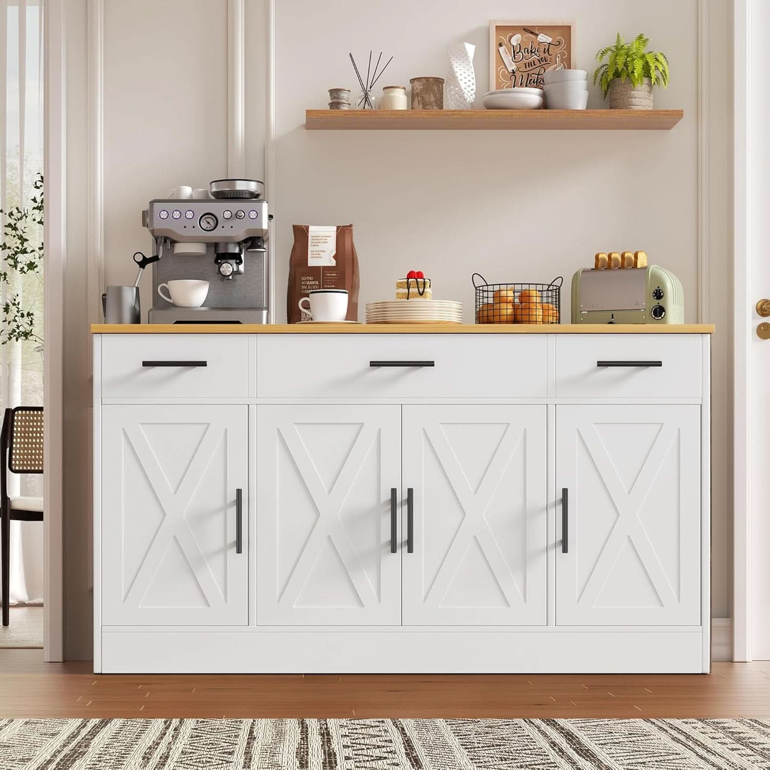 53 Inch White Buffet Cabinet With Drawers For Dining Room