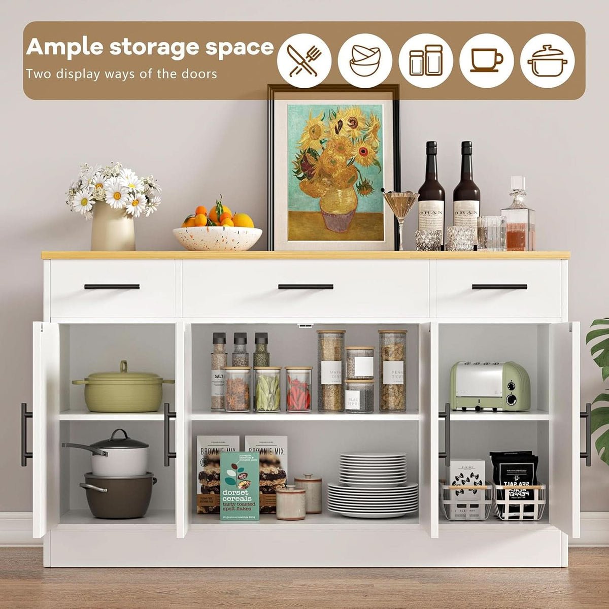 53 Inch White Buffet Cabinet With Drawers For Dining Room