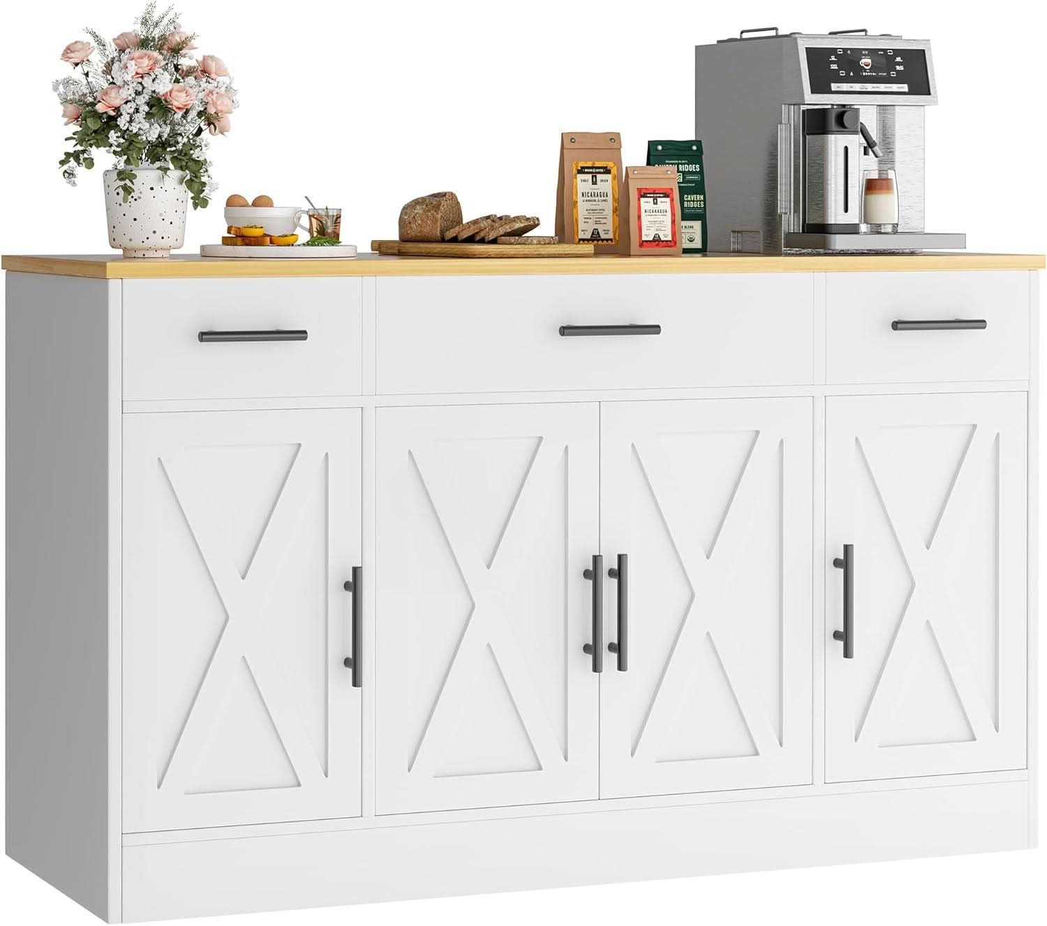 53 Inch White Buffet Cabinet With Drawers For Dining Room