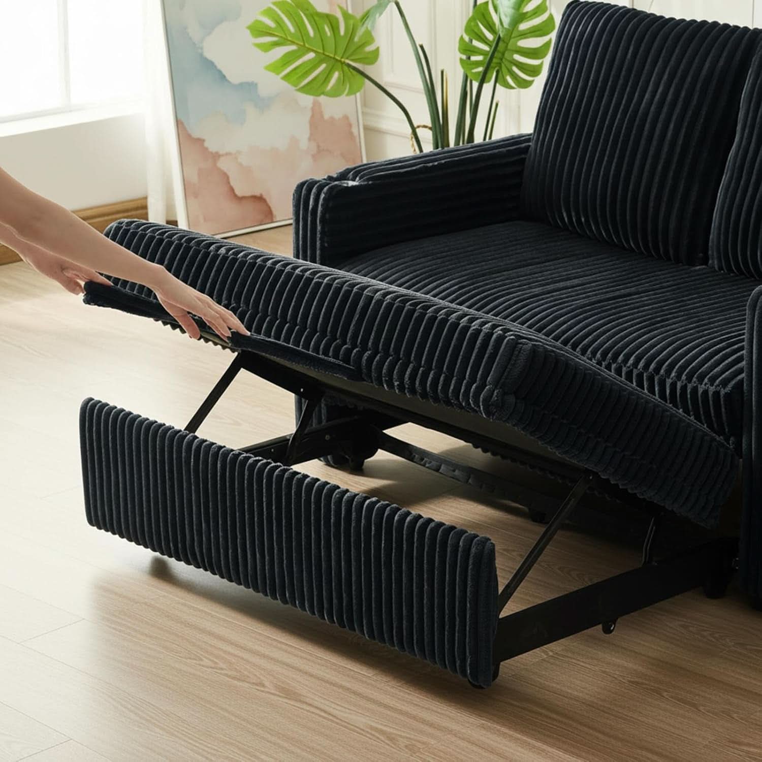 53 Inches Black Corduroy Fabric Sleeper Sofa USBPort
