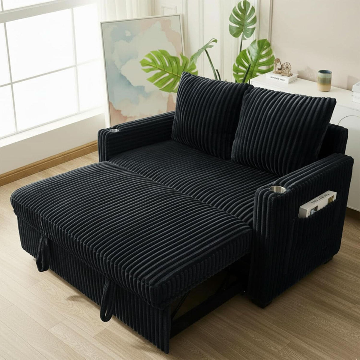 53 Inches Black Corduroy Fabric Sleeper Sofa USBPort