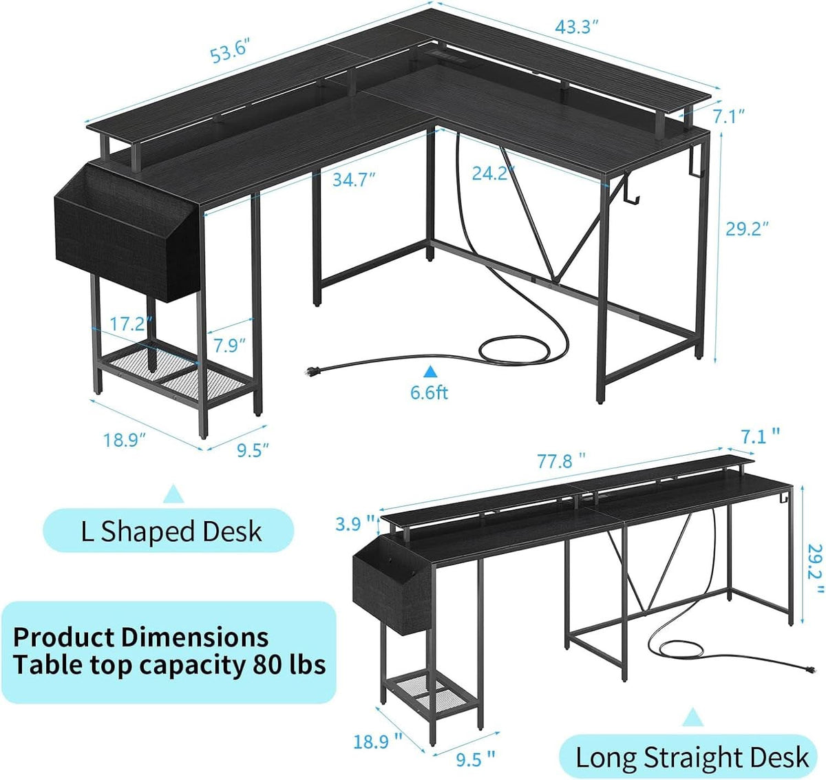 53Inch L Shaped Desk With LED Lights For Home Office