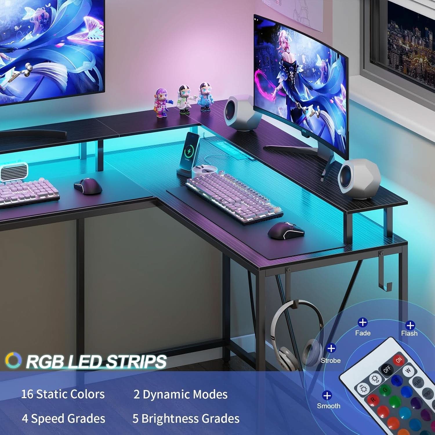 53Inch L Shaped Desk With LED Lights For Home Office