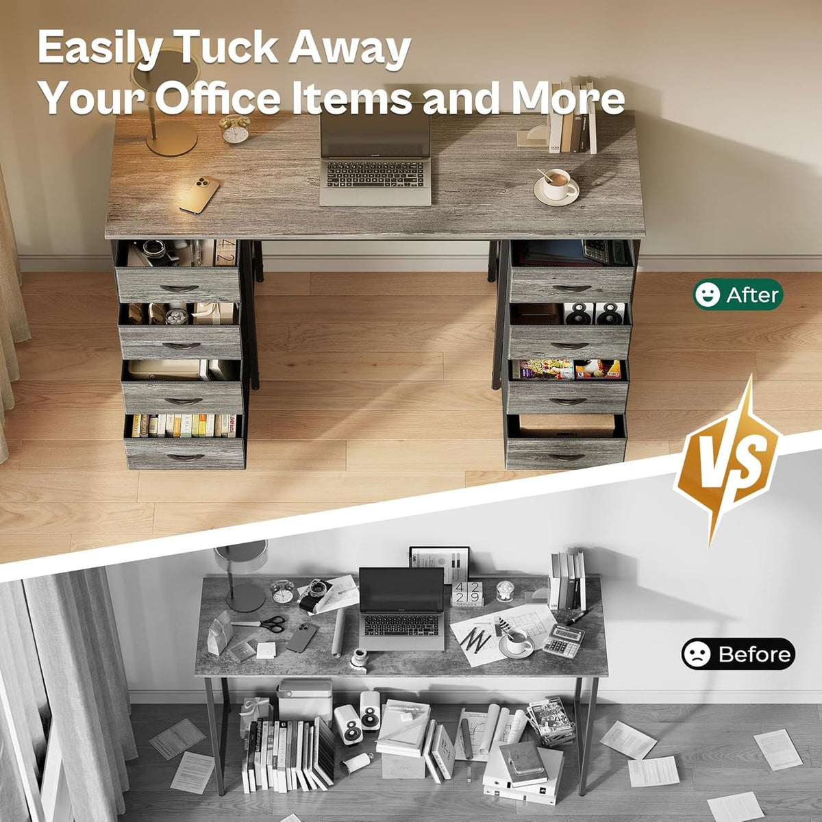 54 Inch Computer Desk With 8 Fabric Drawers Grey Storage