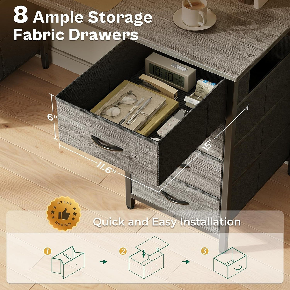 54 Inch Computer Desk With 8 Fabric Drawers Grey Storage