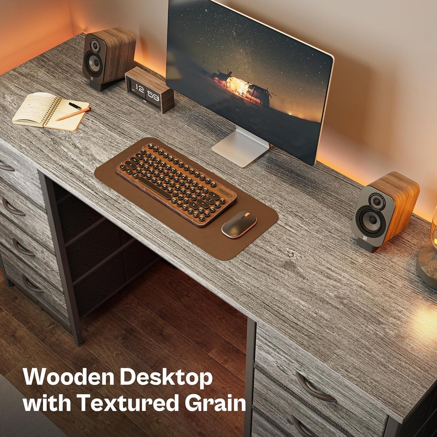 54 Inch Computer Desk With 8 Fabric Drawers Grey Storage