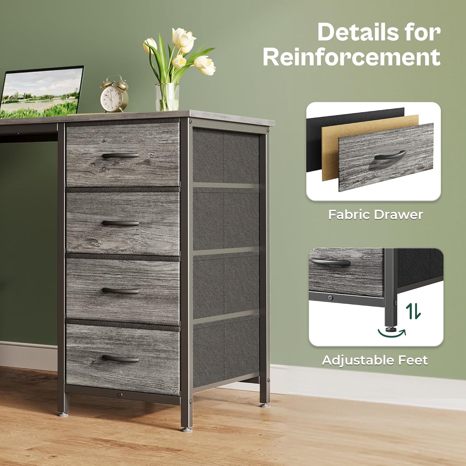 54 Inch Computer Desk With 8 Fabric Drawers Grey Storage