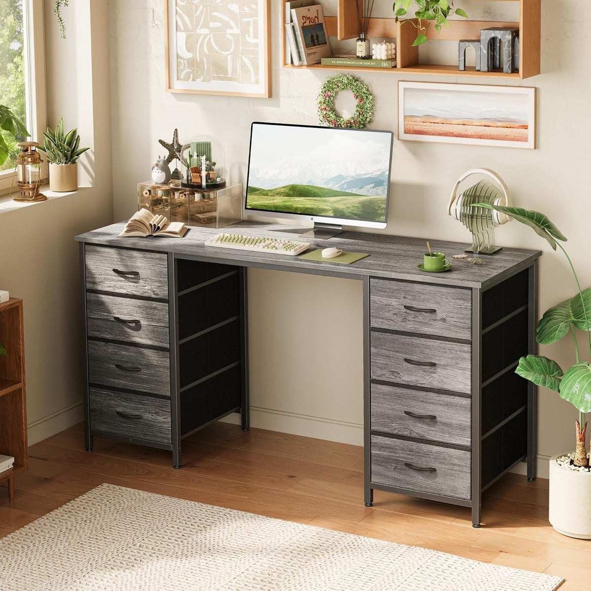 54 Inch Computer Desk With 8 Fabric Drawers Grey Storage