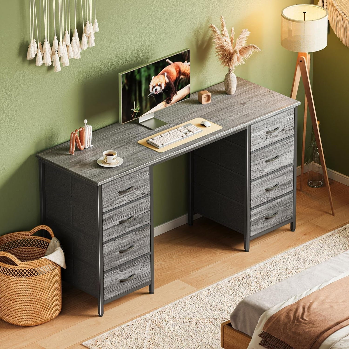 54 Inch Computer Desk With 8 Fabric Drawers Grey Storage