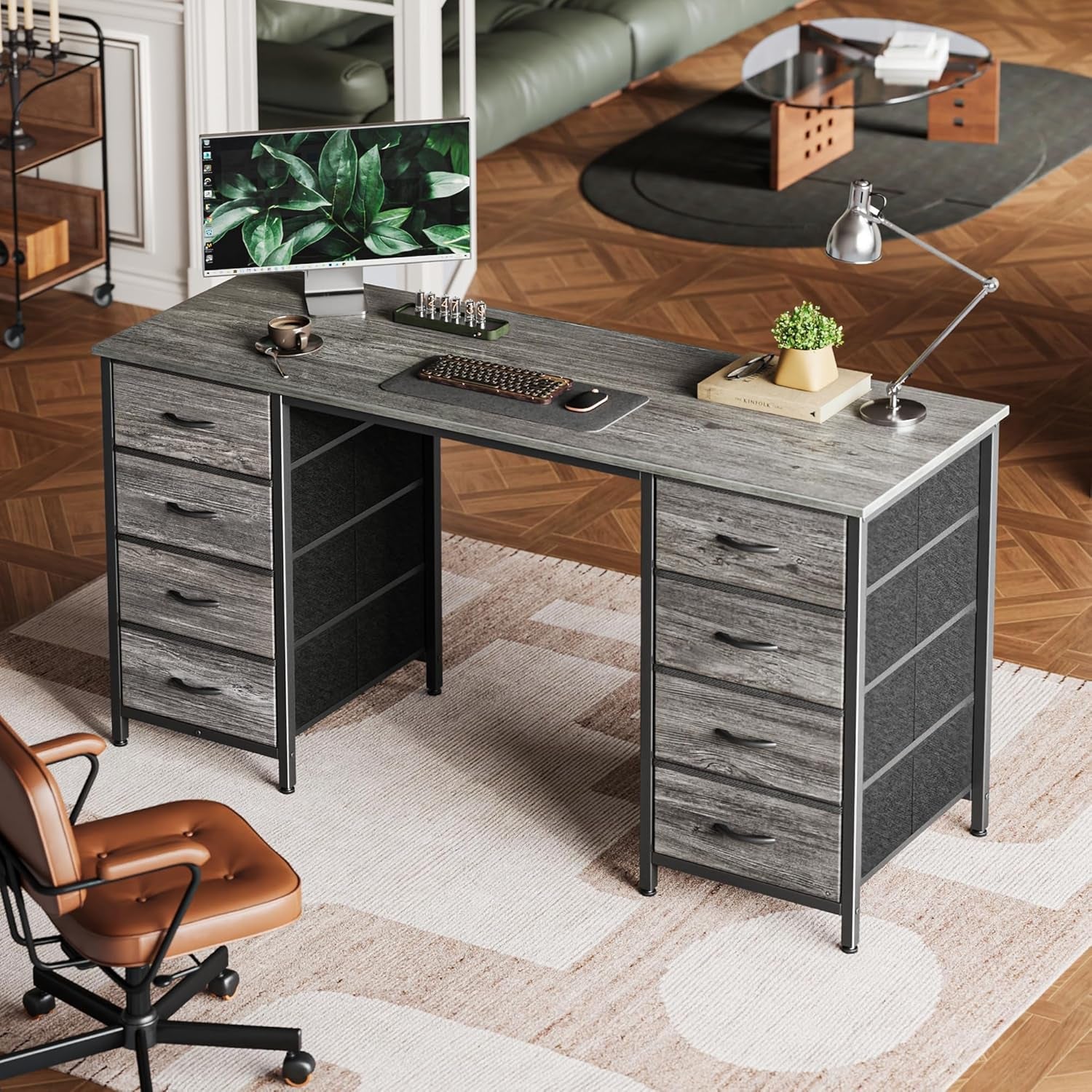 54 Inch Computer Desk With 8 Fabric Drawers Grey Storage