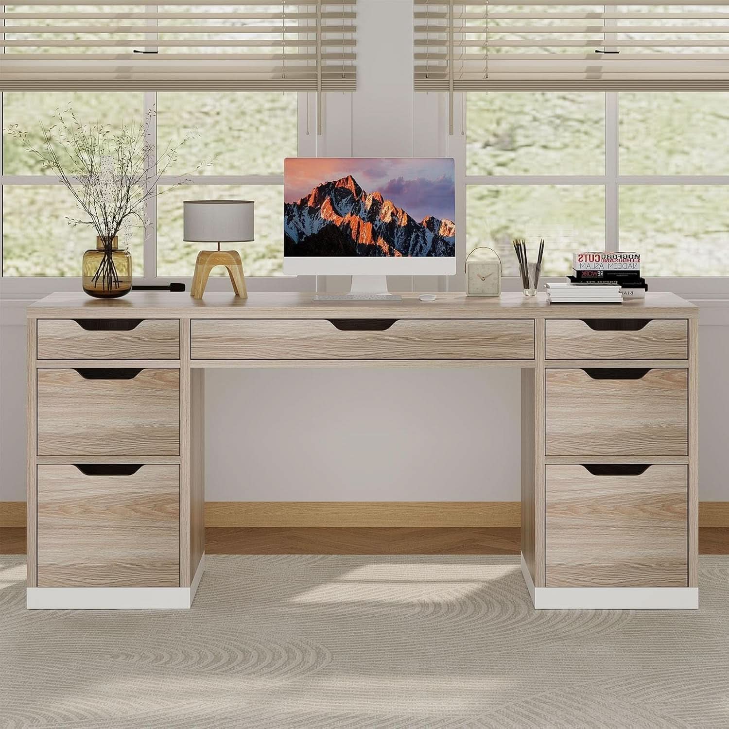 54 Inch Computer Desk With Storage Drawers White Walnut