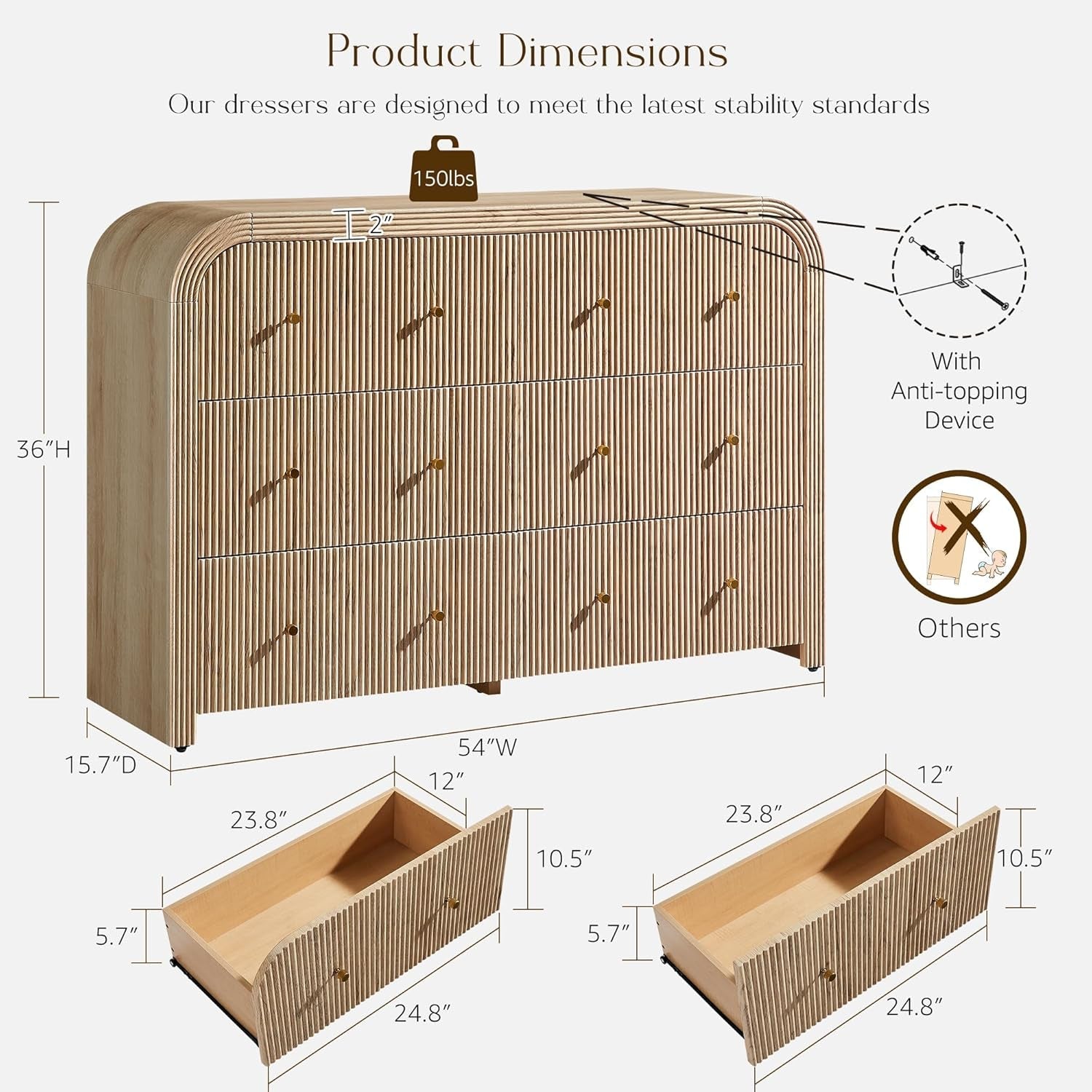 54 Inch Dresser With Six Drawers For Bedroom Organization