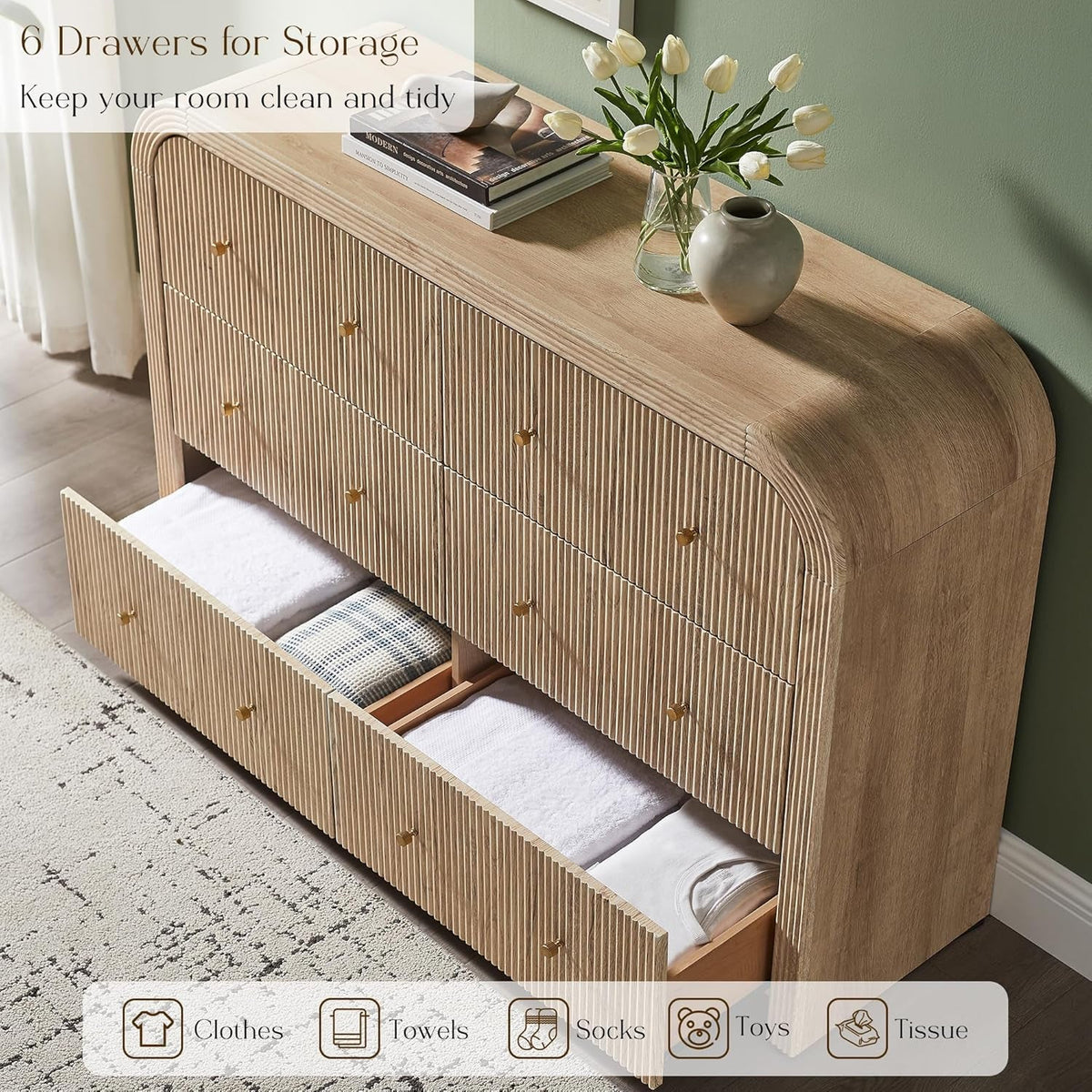 54 Inch Dresser With Six Drawers For Bedroom Organization