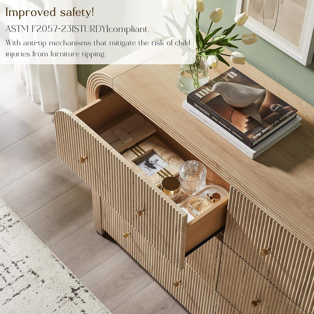 54 Inch Dresser With Six Drawers For Bedroom Organization