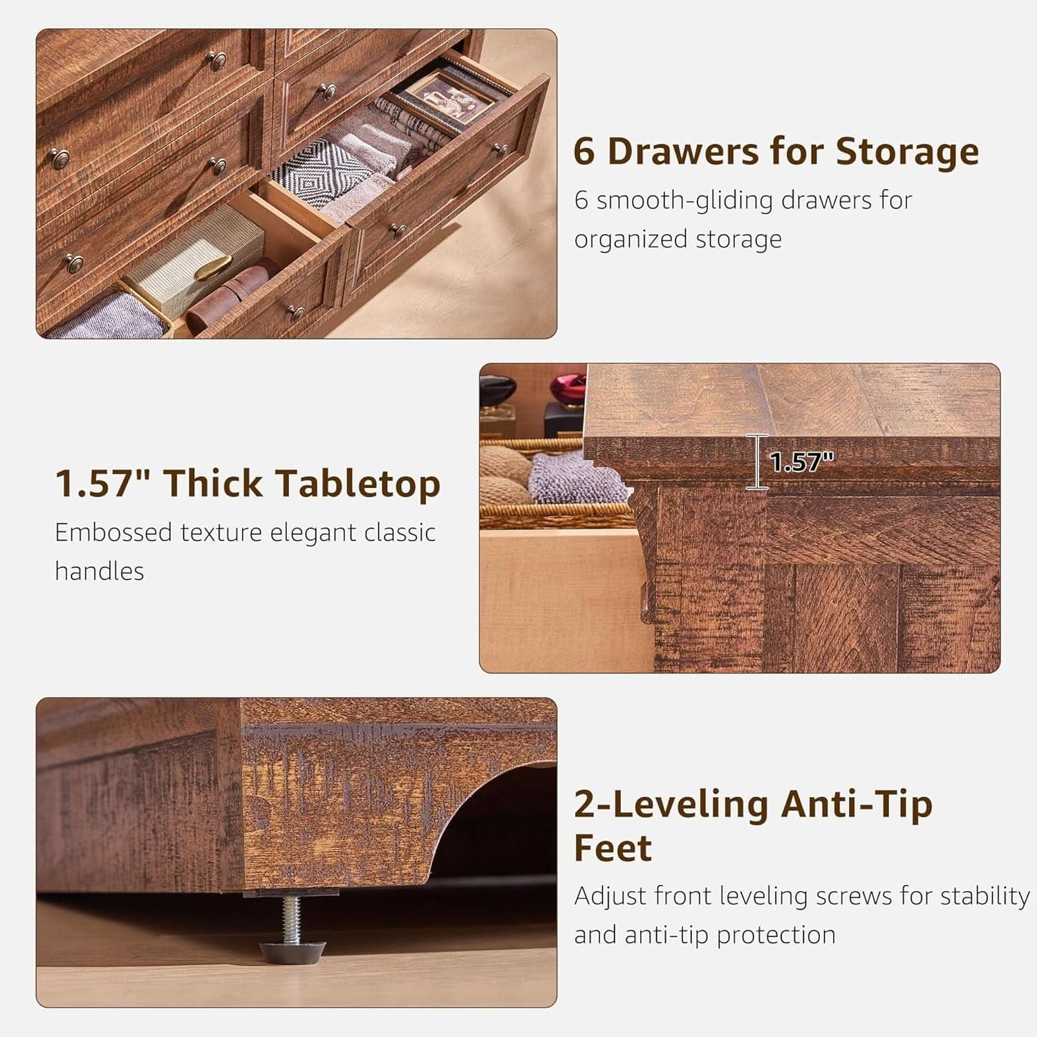 54 Inch Farmhouse Six Drawer Reclaimed Barnwood Dresser