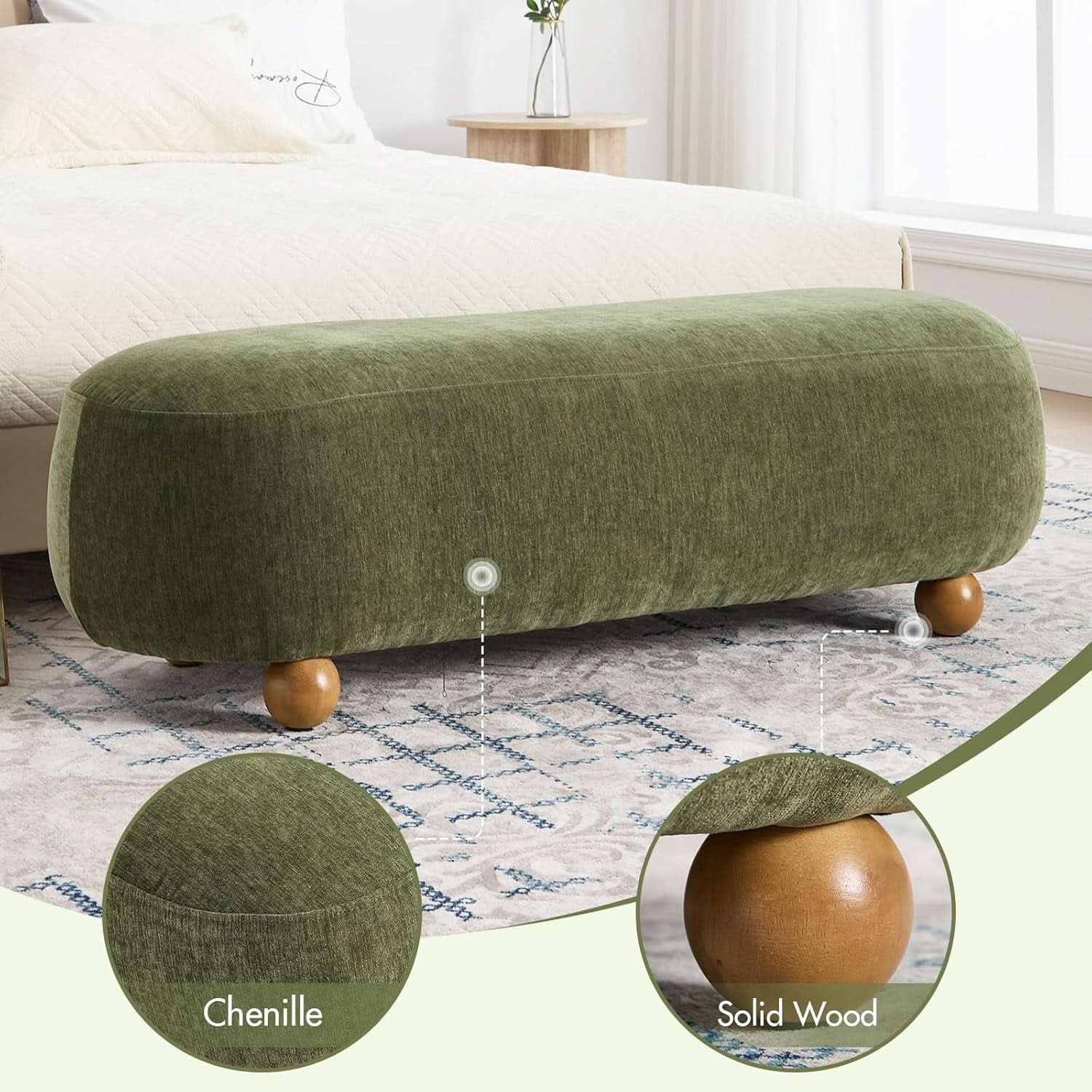 54-Inch Green Velvet EndOfBed Bench Cushioned Seat