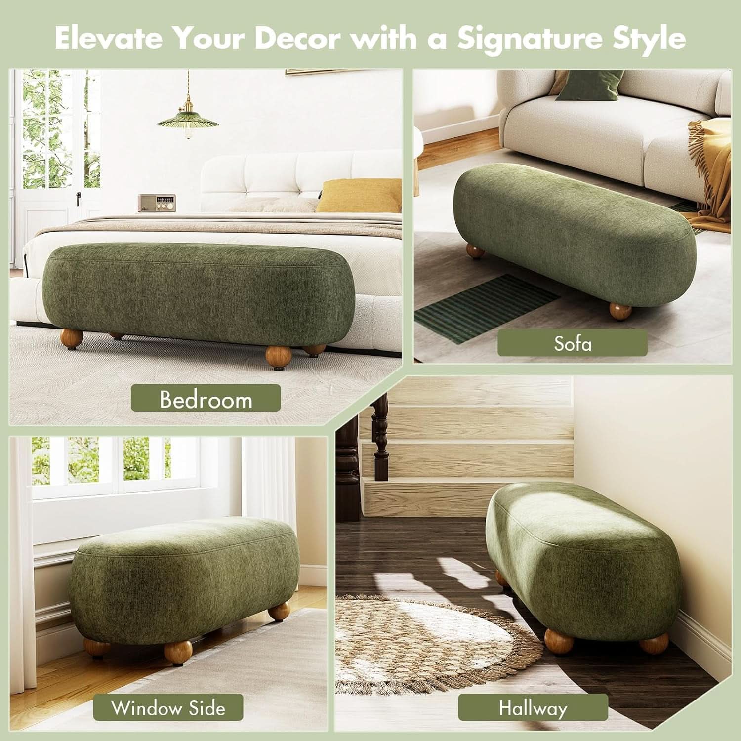 54-Inch Green Velvet EndOfBed Bench Cushioned Seat