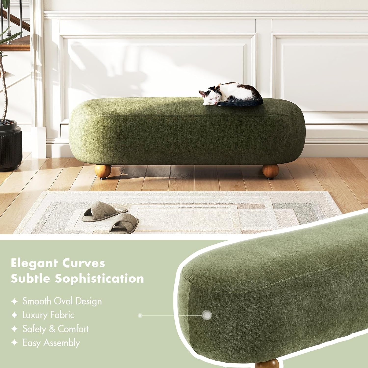 54-Inch Green Velvet EndOfBed Bench Cushioned Seat