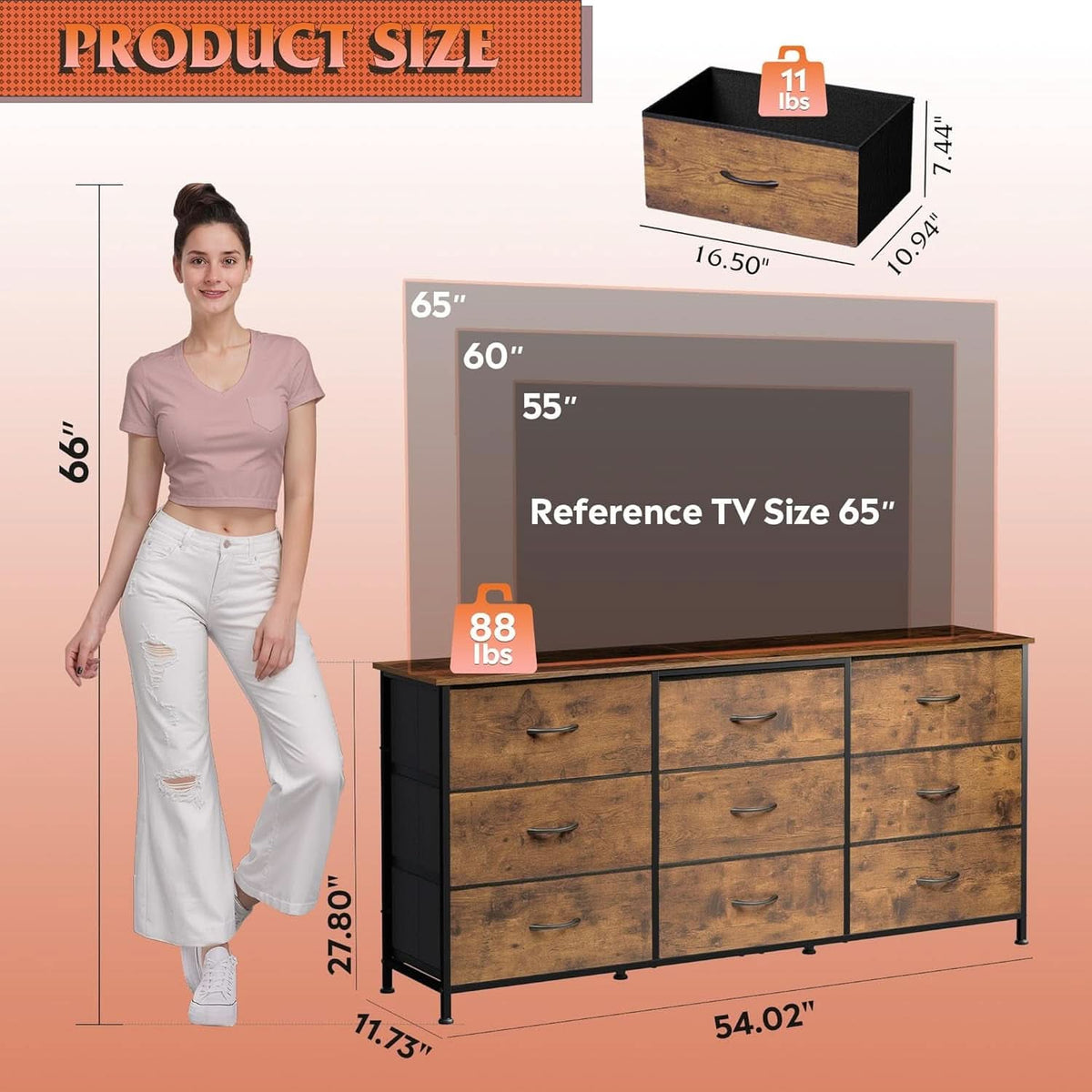 54 Inch Rustic Brown Dresser TV Console Cabinet Storage