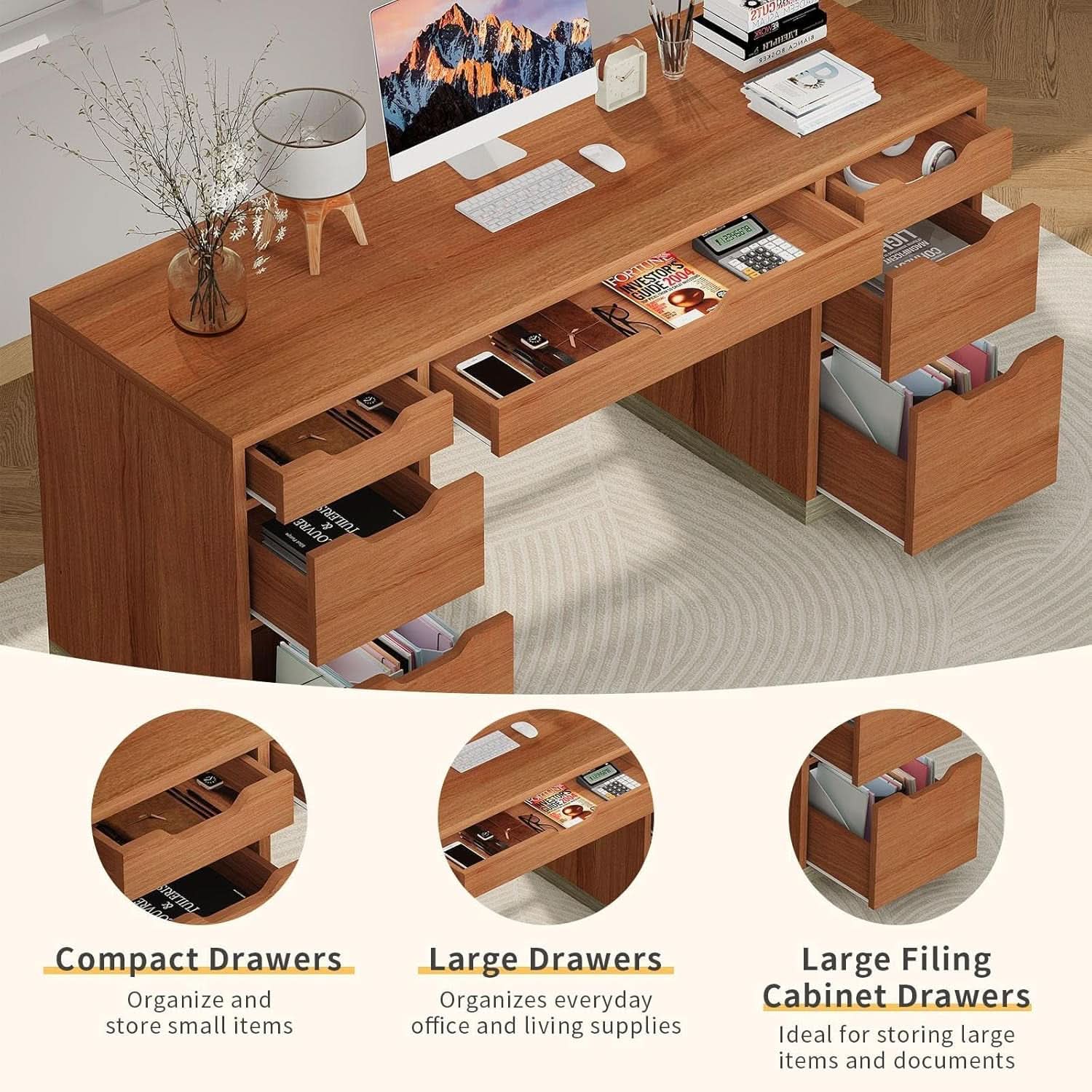 54 Inch Walnut Finish Executive Desk With Seven Drawers