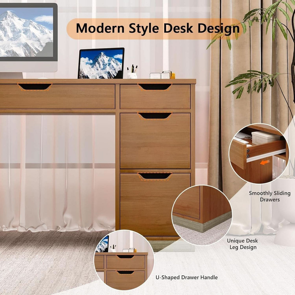 54 Inch Walnut Finish Executive Desk With Seven Drawers